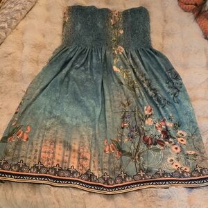 Floral Strapless Dress in Teal and Pink